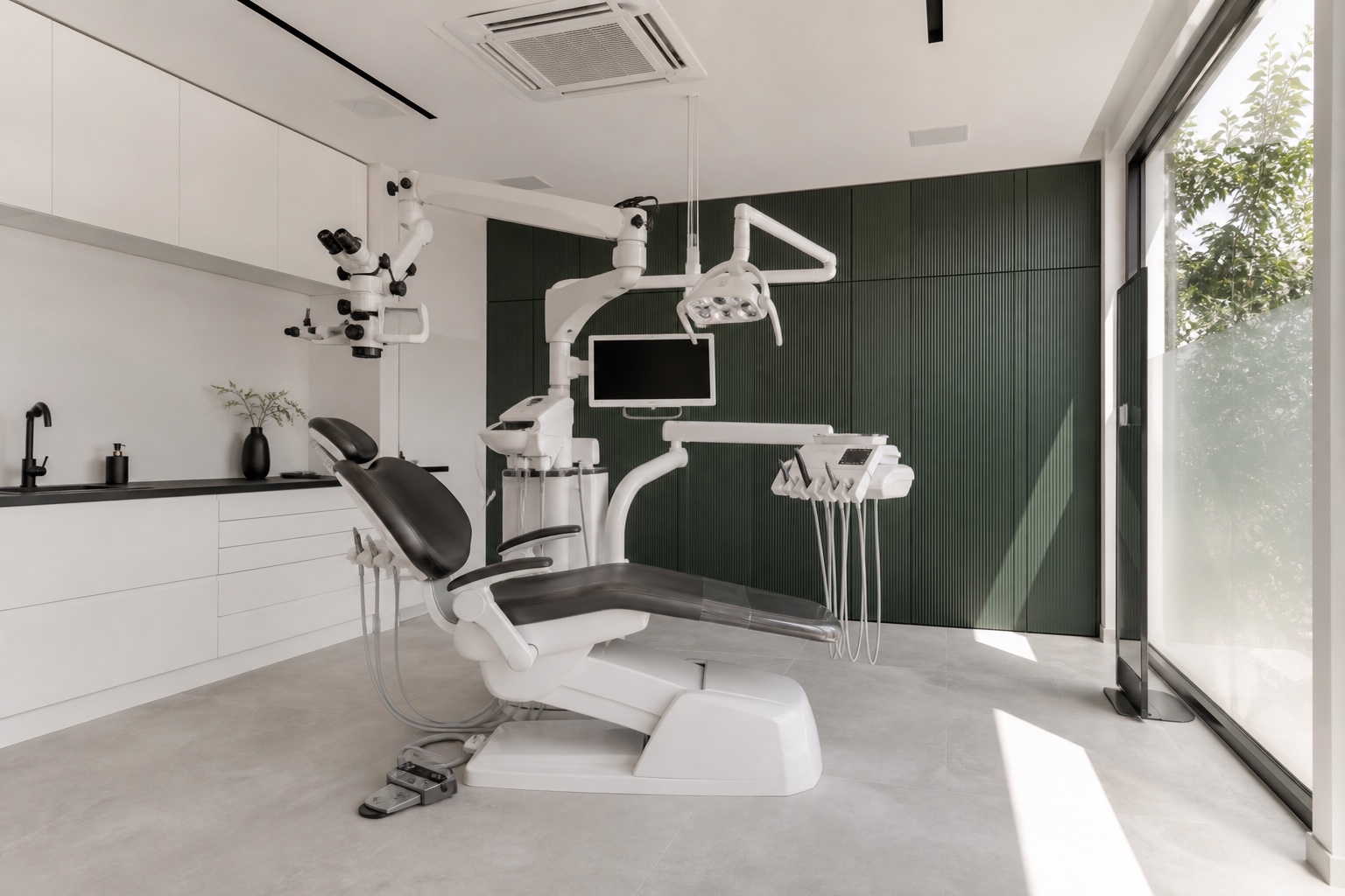 Nowoczesny gabinet stomatologiczny z fotelem, lampą zabiegową i mikroskopem